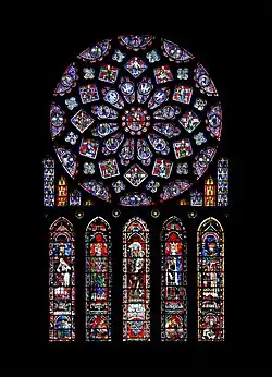 Northern rose window of Chartres Cathedral. The rose depicts the Glorification of the Virgin Mary, the twelve kings of Juda, and the Twelve Prophets.