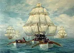 A painting of a ship with all sails up and a pursuing squadron behind her. In the foreground are small boats.