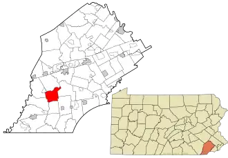 Location of Londonderry Township in Chester County, Pennsylvania (left) and of Chester County in Pennsylvania (right)