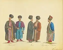 Armenians and Greeks of Istanbul wearing işlics, 1825