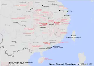Map showing the communist-controlled Soviet Zones of China during and after the encirclement campaigns