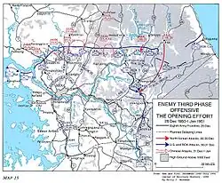 A map with multiple red arrows pressing against a blue line at the 38th parallel