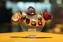 Xin 心 shaped jewellery; 1368–1644; gold, ruby, pearl and other gemstones; about the size of an adult human's palm; Dingling (Beijing, China)