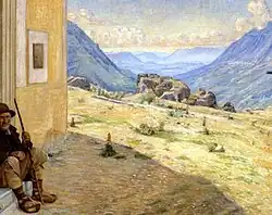 Poul S. Christiansen: Sydeuropæisk bjerglandskab med hyrde i forgrunden (1905)