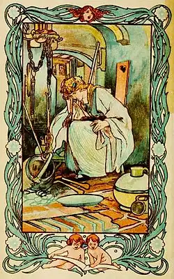 Charles Robinson illustrated Cinderella in the kitchen (1900), from Tales of Passed Times with stories by Charles Perrault