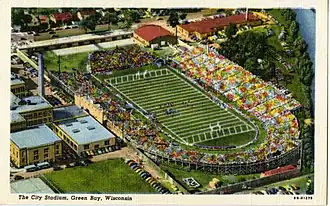 Color postcard showing aerial view of City Stadium