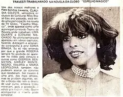 A scan of a newspaper published in 1977 with a photo of Cláudia Celeste about the telenovela Espelho Mágico (Magic Mirror).