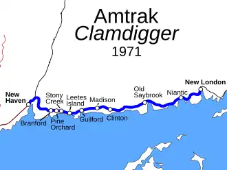 A map of southern Connecticut showing the Clamdigger service. It runs between New London and New Haven with nine intermediate stops marked.