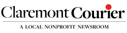 Logo of the Claremont Courier, white serif text on a black background with a red dot