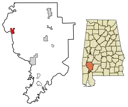 Location of Coffeeville in Clarke County, Alabama.