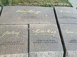 Each stone at the Memorial to the 56 Signers of the Declaration of Independence includes the delegate's signature, name, occupation, and place of residence.
