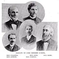 Cobb Divinity School faculty, ca. 1895, featuring Professors John Fullonton, Alfred W. Anthony, Purinton, Howe, and Benjamin F. Hayes
