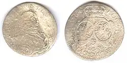 Coin of the Duchy of Courland and Semigallia with portrait of Ernst Johann von Biron, Vytis (Waykimas), and the Polish Eagle, 1764