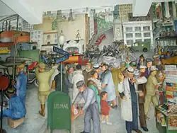 A scene of city life, including a robbery on the bottom right, and a car accident in the center., (Victor Arnautoff, City Life 9 )
