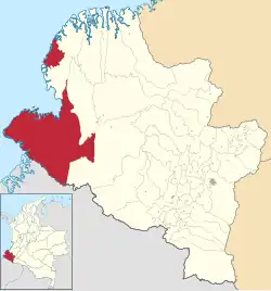 Location of the municipality (red) of Tumaco in the Nariño Department.