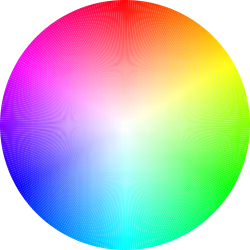 Color circle based on the HSV color space, showing all colors with a value (brightness) of 255 (100%). White is at the center, and fully saturated colors are at the outer edge. It is the circular face of the HSV "color cone".