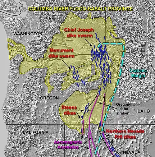 Map showing the extent of the Columbia River Basalt Province, a volcanic geologic province of the inland Pacific Northwest