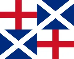 An Ordinance of 12 April 1654 ordered: "That the arms of Scotland viz: a Cross commonly called the St Andrew's Cross be received onto and borne from henceforth in the Arms of this Commonwealth ... etc".[8]