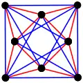 3{3}3, or , with 8 vertices in black, and 8 3-edges colored in 2 sets of 3-edges in red and blue[17]