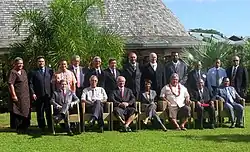 Fiamē Naomi Mataʻafa (standing, far left) at a meeting of Pacific Islands leaders with US Secretary of State Condoleezza Rice (center), in Samoa, 26 July 2008