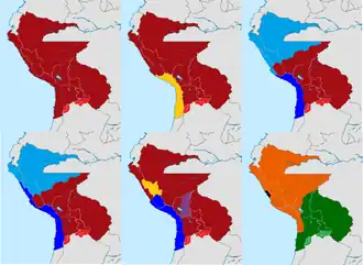Image 1Dissolution of Peru-Bolivia: &nbsp;&nbsp;Peru-Bolivia &nbsp;&nbsp;Controlled by the United Restoration Army &nbsp;&nbsp;First Provisional Government of Peru &nbsp;&nbsp;Northern Peruvian Republic &nbsp;&nbsp;Second Provisional Government of Peru &nbsp;&nbsp;Provisional Government of Bolivia &nbsp;&nbsp;New Peruvian State &nbsp;&nbsp;New Bolivian State &nbsp;&nbsp;Controlled by the United Restoration Army during the restoration &nbsp;&nbsp;De facto borders after the dissolution &nbsp;&nbsp;Disputed between Peru-Bolivia and Argentina &nbsp;&nbsp;Disputed between Bolivia and Argentina (from History of Peru)