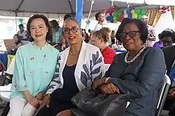 Taiwanese ambassador Fiona Huei-chun Fan, Eloise Gonsalves (wife of Prime Minister Dr. Ralph Gonsalves), and Dougan at the Women’s Empowerment Project Showcase in the Court House Yard, 2024.[12]