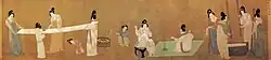 Ladies Preparing Silk; an 8th century Tang dynasty painting by Zhang Xuan copied and reproduced in the Song dynasty; ink and colours on silk; 0.37 x 1.47 m; Museum of Fine Arts (Boston, US)[101]