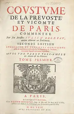 Cover page of an edition of the coutume de Paris, 1669