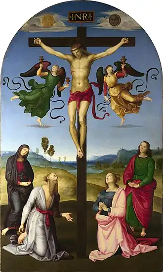 Raphael used verdigris for the green coat of Saint John, the left angel's frock, and other accents, in The Mond Crucifixion.
