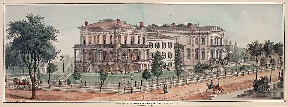 Vintage image of the residence of Mrs. E.B Crocker c. 1880, later to become the Crocker Art Museum. The building in the foreground was the family home; the structure to the right with its own entrance housed the art gallery. The entire complex is now part of the Crocker Art Museum.