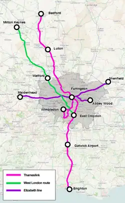 Map of cross-London rail routes present and planned