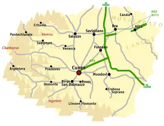Map of Cuneo Province with the plains in light yellow, the mountains in tan, the main roads in gray and the autostrada in red.