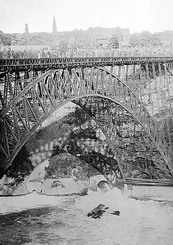 Lincoln Beachey's Curtiss Model D flies under Honeymoon Bridge, circa 1911