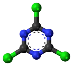 Ball-and-stick model of the cyanuric chloride molecule