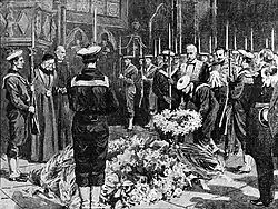 Tribute of respect to the memory of Admiral Lord Cochrane by Brazilian naval officers (1901). His grandson, Douglas Cochrane, 12th Earl of Dundonald is pictured 4th from the right.