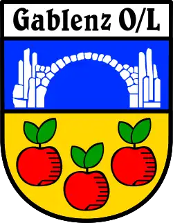 The Rakotz Bridge and apples (Upper Sorbian: jabłučina or jabłoń) in the coat of arms of Gablenz.