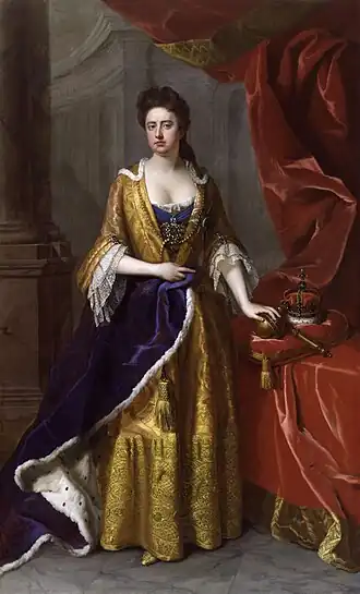 Queen Anne of Great Britain in golden dress and a purple velvet and ermine mantle (1705)