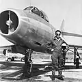 IAF test pilot Danny Shapira in front of a new Dassault Mystère IV A jet in June 1956 at Hatzor Airbase