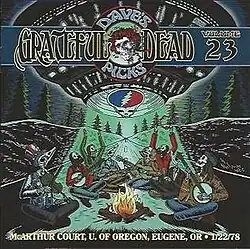 Skeletons singing around a campfire in the middle of a road through a forest, while a UFO flies overhead