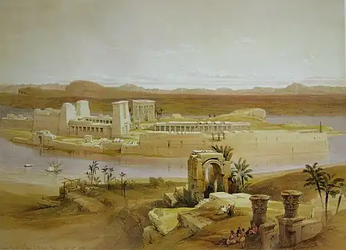 Painting of an island seen from across a river channel. On the island stand a series of stone buildings, gateways, and colonnades.
