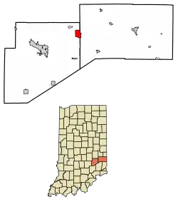 Location of Lake Santee in Decatur County and Franklin County, Indiana.