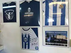 Decorations and shirts of CE Atlètic Balears in the bar of the Estadi Balear.