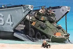 A light-armored vehicle assaults the beach from a landing craft utility from Assault Craft Unit 2 during an amphibious assault demonstration conducted as part of Bright Star 2009, Egypt, Oct. 12, 2009.