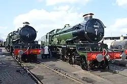 Defiant parked up opposite classmate 5043 Earl of Mount Edgcumbe during the Clun Castle steaming event in April 2018.