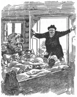 The big spring bed at Aulestad". Gunnar Heiberg in the door, Bjørnstjerne Bjørnson's head by the window.