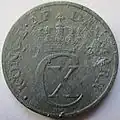 A zinc Danish 2 øre coin from 1943. (obverse)