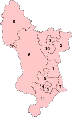Numbered map of parliamentary constituencies in Derbyshire from 2024