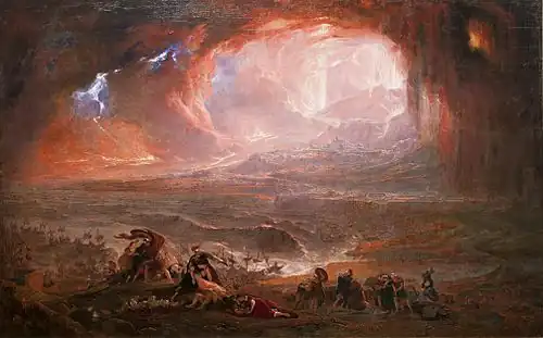 Volcanic glow through ash and smoke above soldiers and others in the foreground trying to escape the disaster, with grounded ships beyond them
