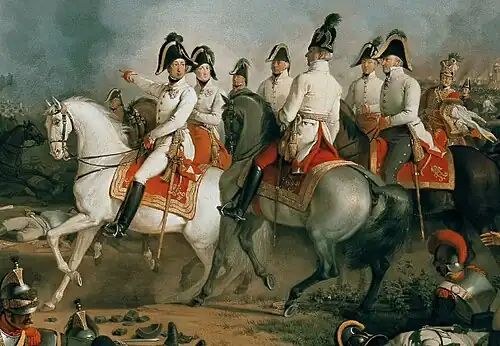 Painting shows a group of white-coated, mounted officers wearing bicorne hats.