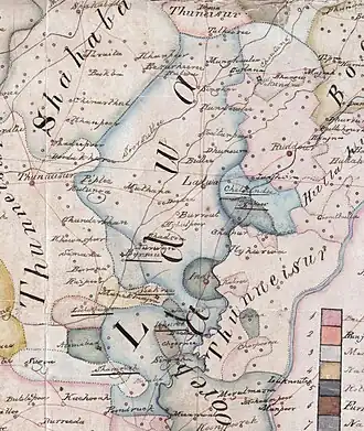 Detail of the main, continuous tract of territory of Ladwa State from a map created by the British East India Company, ca.1829–1835 (not including its exclaves viewable on the full-map)